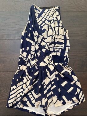 Akiko Navy and White Geometric Wrap Romper with Buttoned Waist